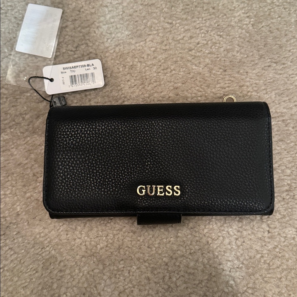 NWT GUESS Black Leather Wallet with Gold Accents